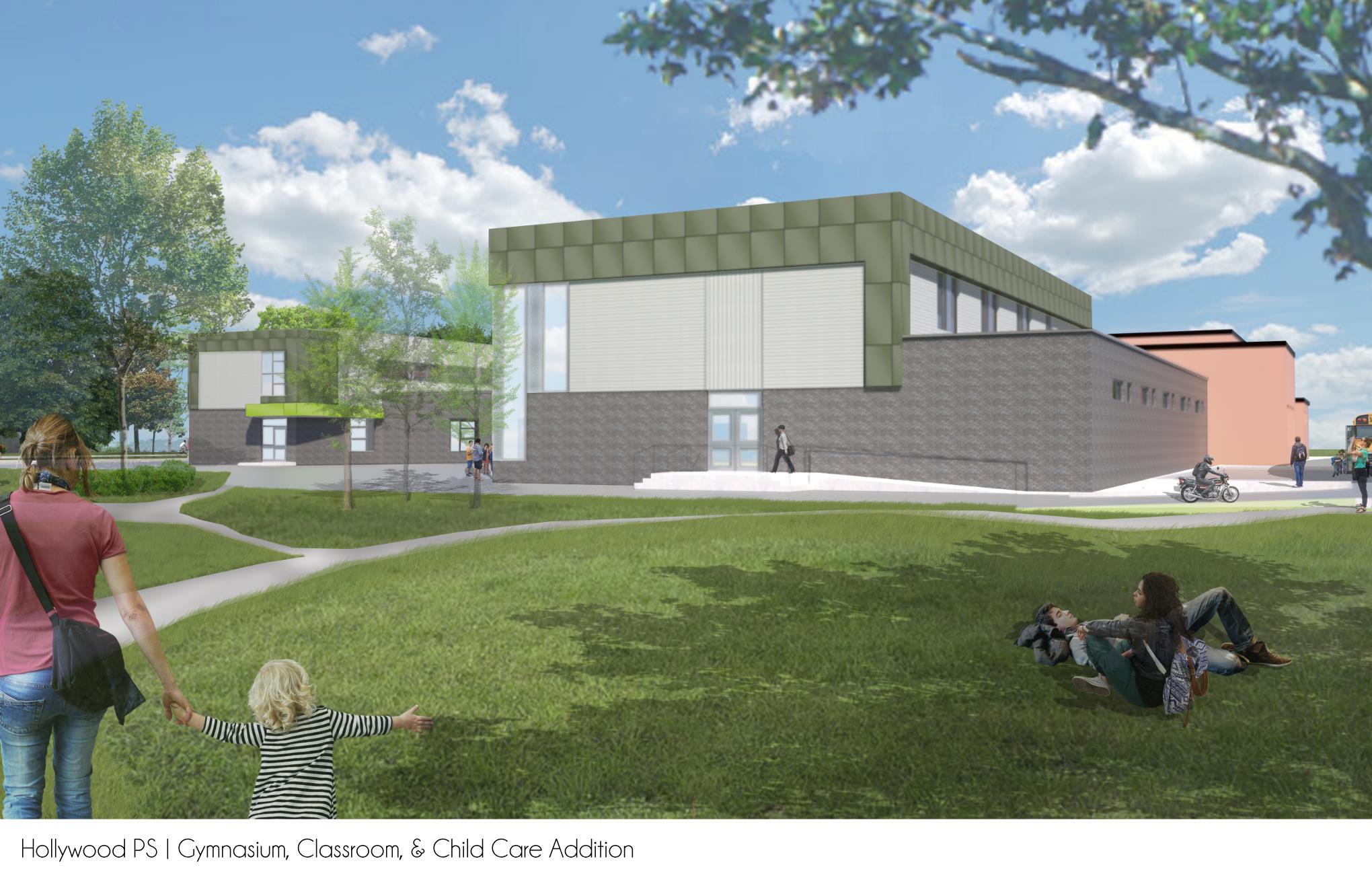 Exterior Rendering depicting both the gymnasium and classroom/childcare addition looking from the playfield. Open Gallery